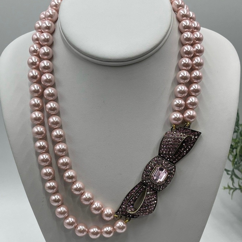 Heidi‎ Daus "Beaux Arts" Pink Pave Crystal Bow Pearl Beaded Two Strand Necklace